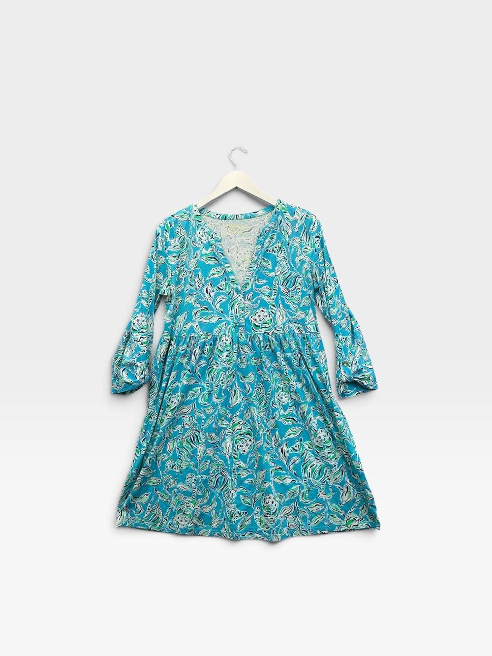 Lilly Pulitzer Blue Geometric V-Neck Shift Dress Tassel Long Sleeve M